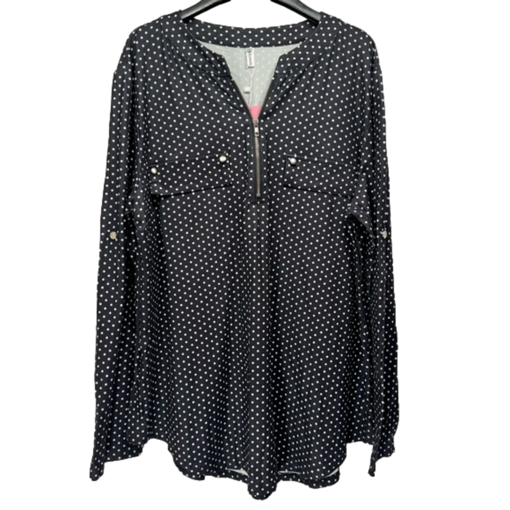 Black and White Polka Dot Zipper Front Long Sleeve Top Size by Luckymore 2XL